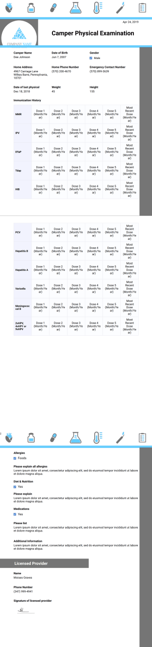 Camper Physical Examination Template - PDF Templates
