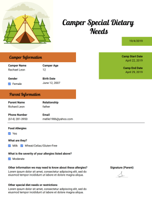 Camper Special Dietary Needs Template - PDF Templates