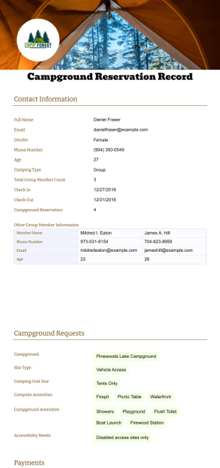 Campground Reservation Record Template - PDF Templates