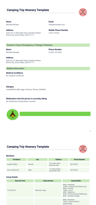 Camping Trip Itinerary Template - PDF Templates