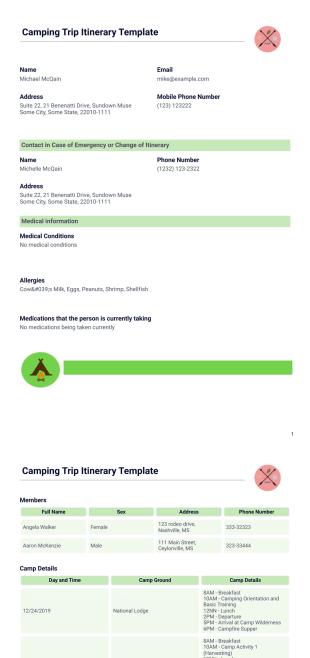 Camping Trip Itinerary Template - PDF Templates