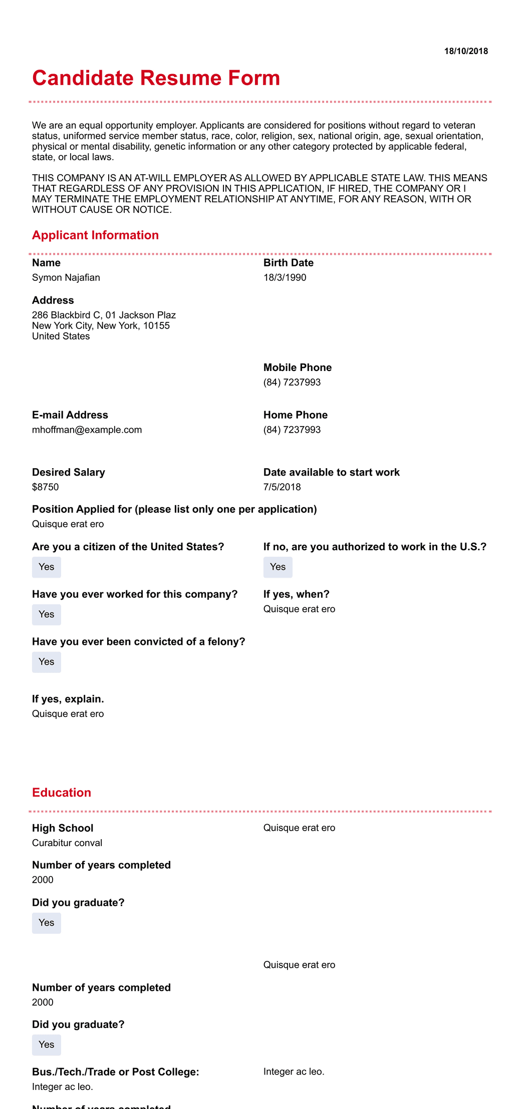 Candidate Resume Template - PDF Templates | Jotform