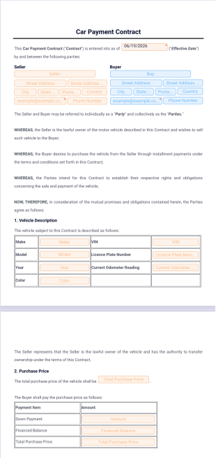 Car Payment Contract Template - PDF Templates