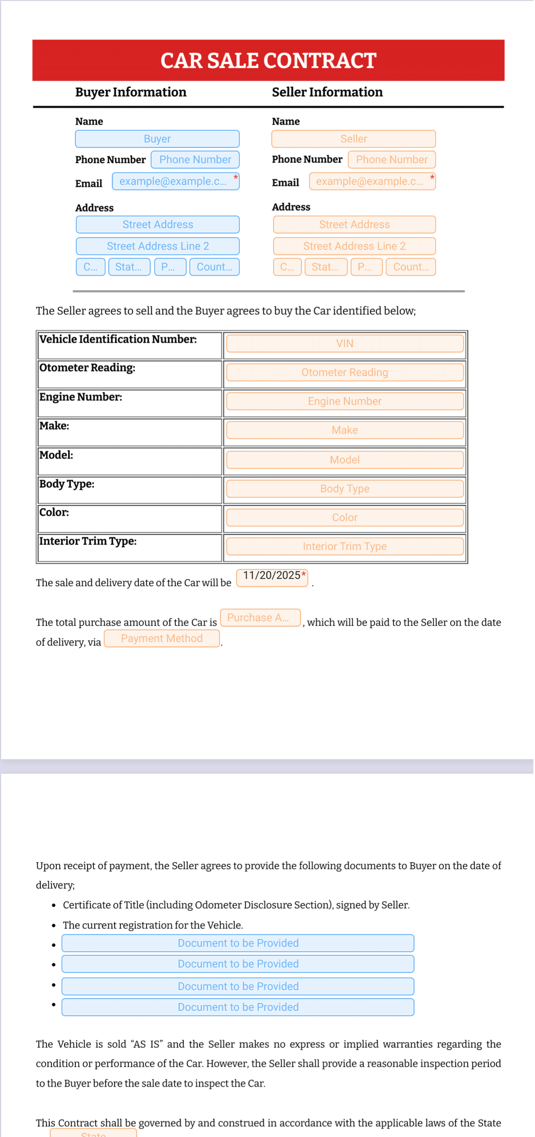 Car Sale Contract Dealership Bill Of Sale Template Standard Motor