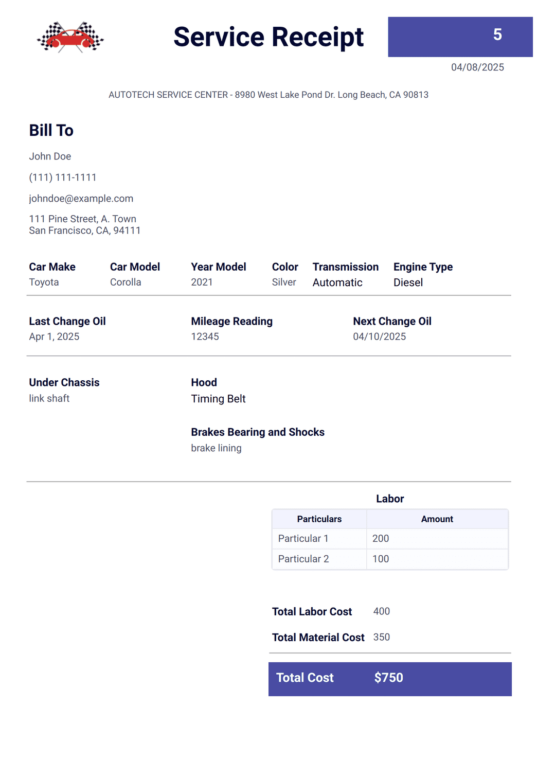 Car Service Receipt Template Example