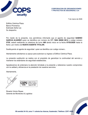 Carta de presentación de guardia Plantilla PDF