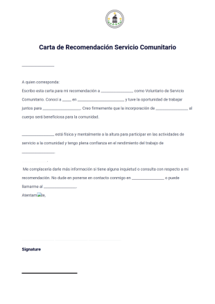 Carta de Recomendación Servicio Comunitario Plantilla PDF