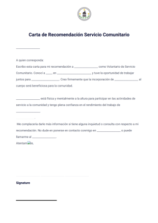 Carta de Recomendación Servicio Comunitario Plantilla PDF