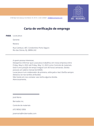Carta de verificação de emprego Modelo de PDF