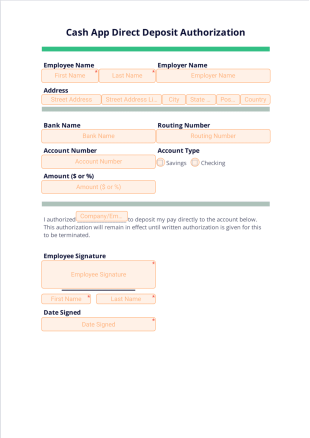 Cash App Direct Deposit Authorization PDF Template