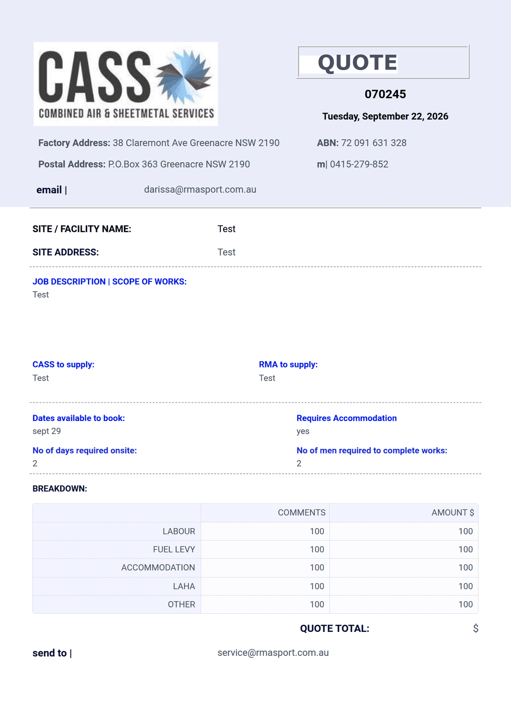 Cass Quote PDF Template | Jotform