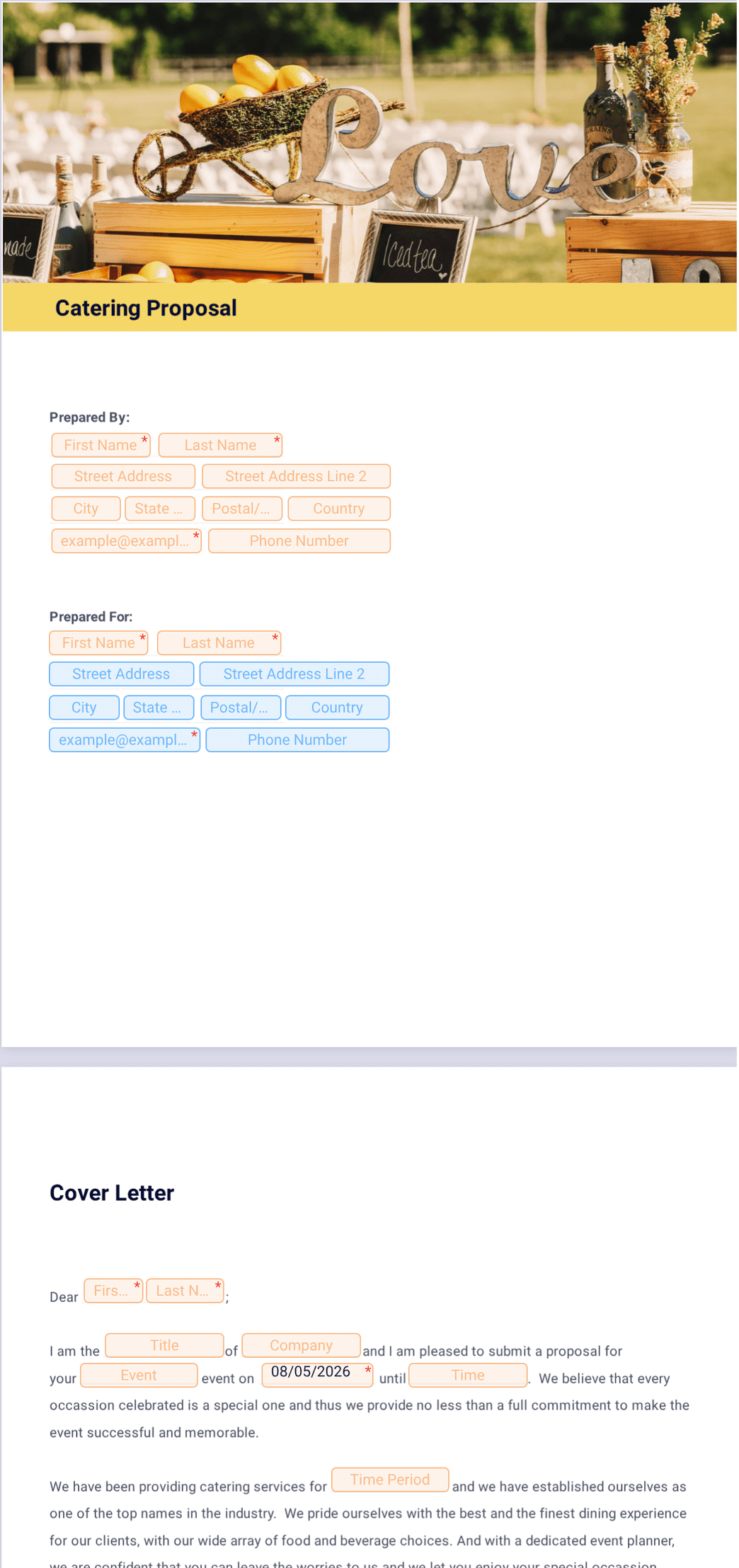 timeline for catering proposal template one pager... Catering Proposal Template - PDF Templates | Jotform