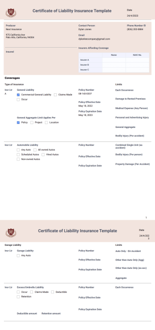 Certificate of Liability Insurance Template - PDF Templates