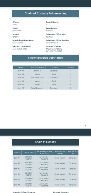 Chain of Custody Evidence Log - PDF Templates