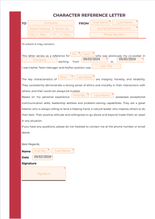 Character Reference Letter Template - PDF Templates
