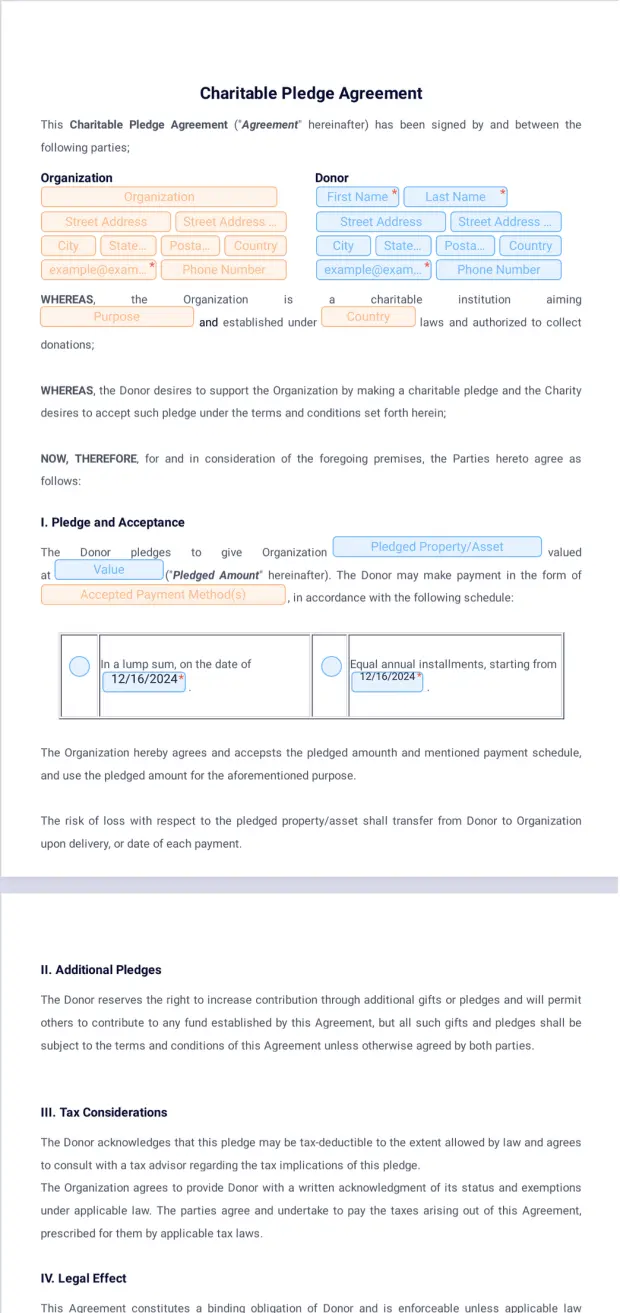 Charitable Pledge Agreement Template