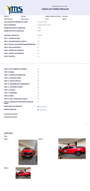 Checklist veículo Modelo de PDF