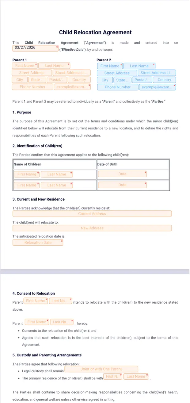 Child Relocation Agreement Template