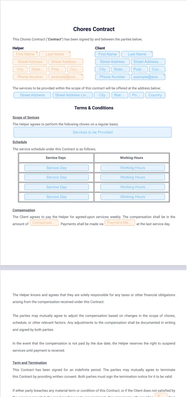 Daily Routine Contract Chores Contract - PDF Templates | Jotform