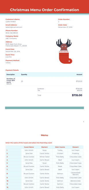 Christmas Menu Order Confirmation PDF Template