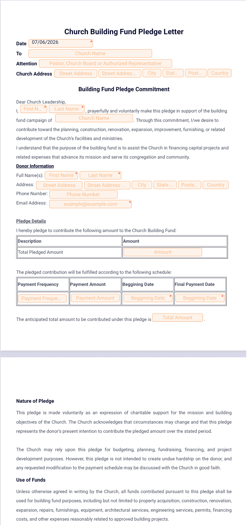 Church Building Fund Pledge Letter PDF Template | Jotform