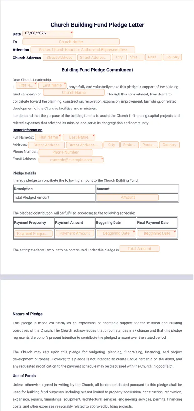 Church Building Fund Pledge Letter