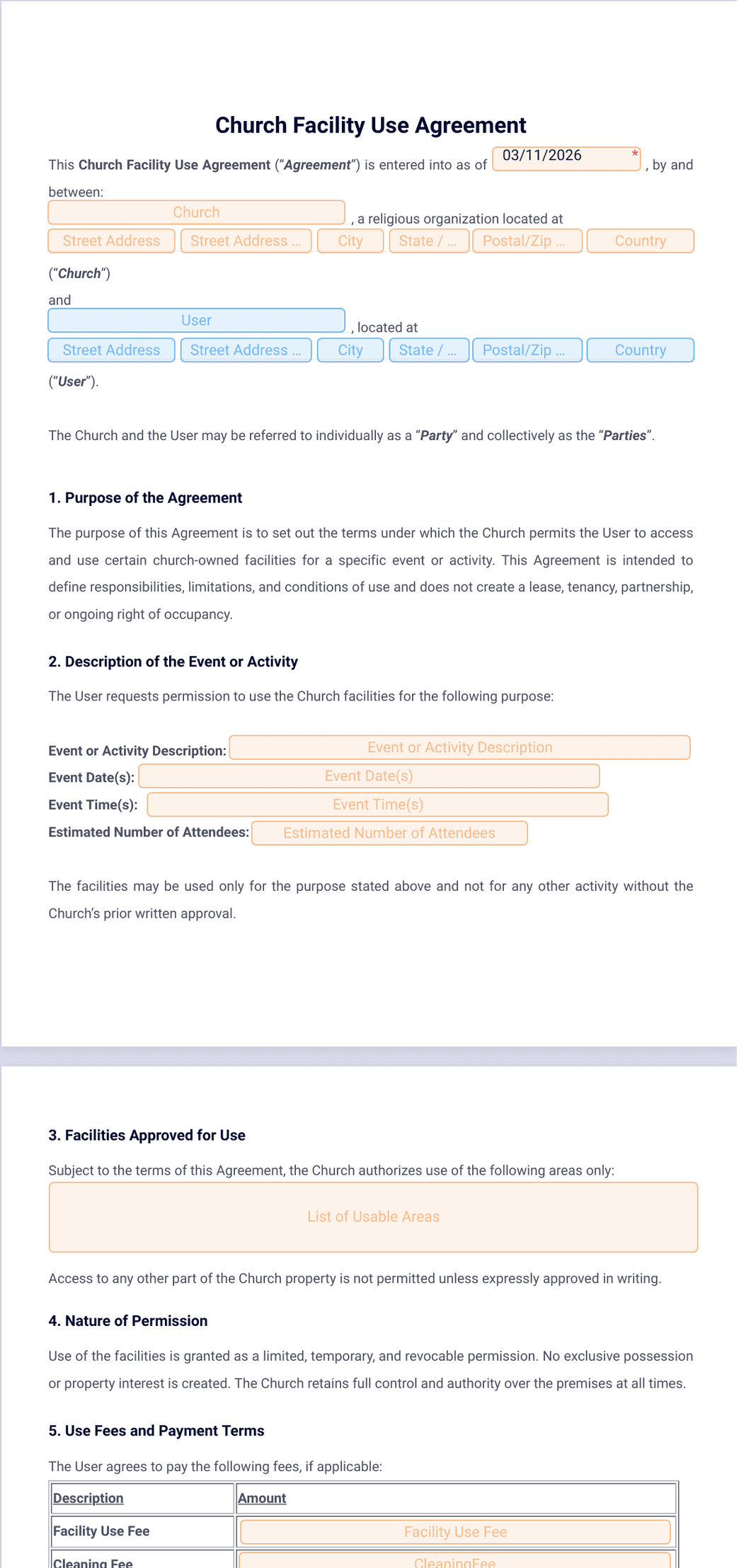 Church Facility Use Agreement Template - PDF Templates | Jotform