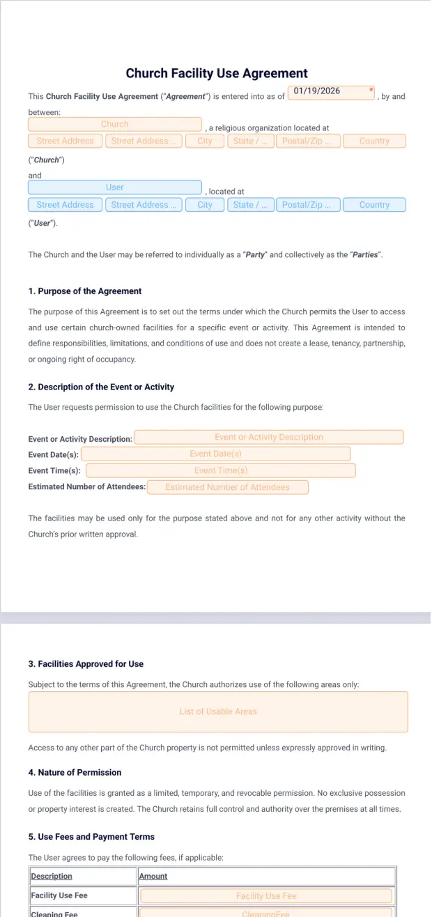 Church Facility Use Agreement Template