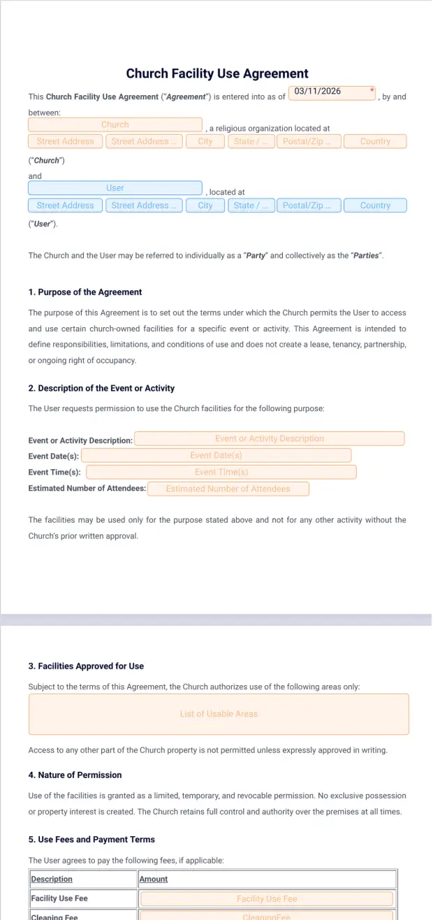 Church Facility Use Agreement Template PDF Templates Jotform