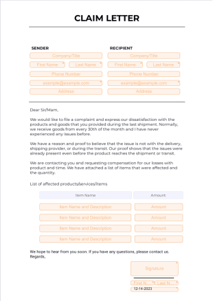 Claim Letter PDF Template