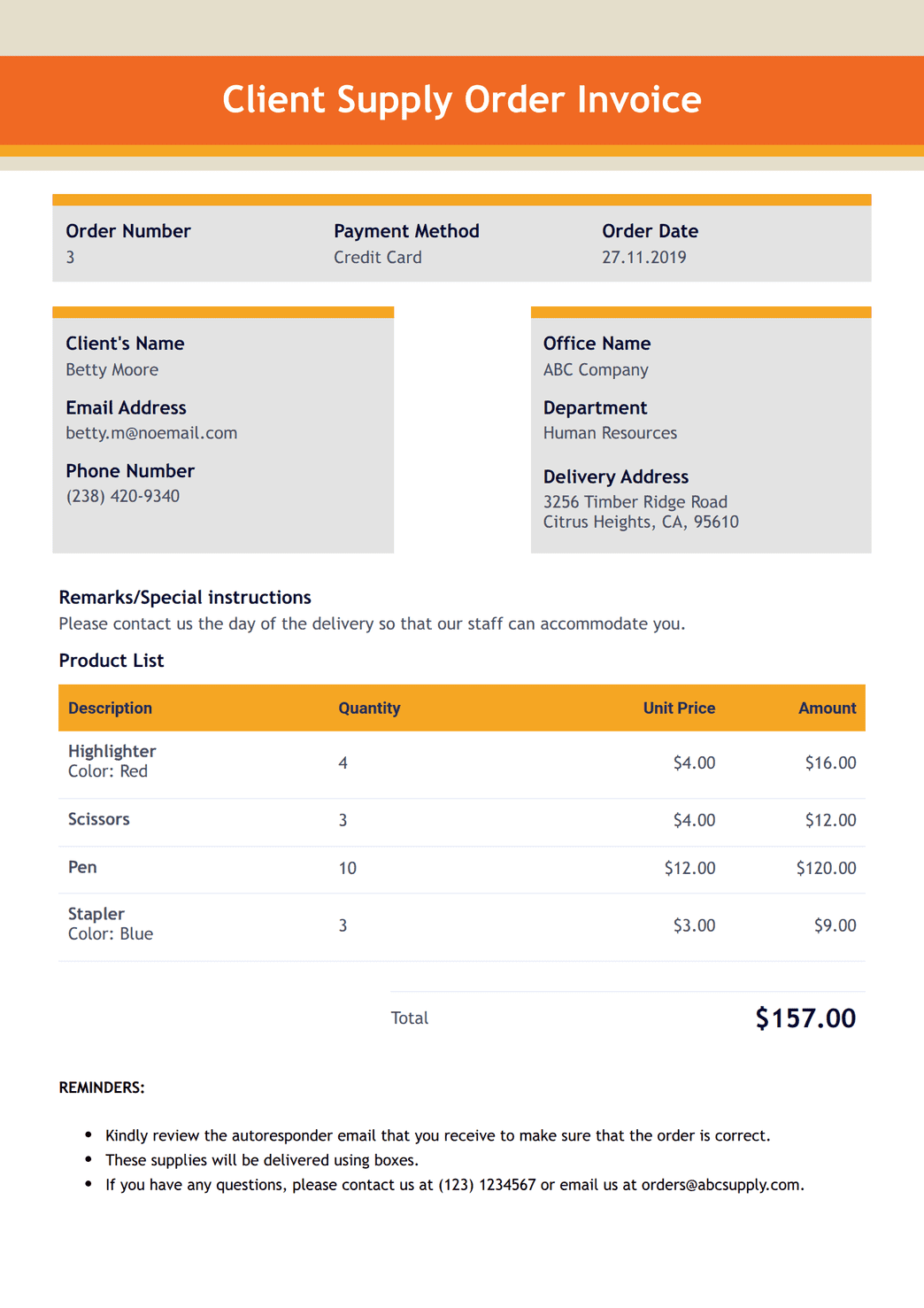 Client Supply Order Invoice Template - PDF Templates | Jotform