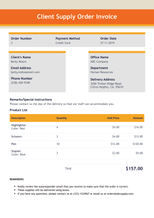 Client Supply Order Invoice Template - PDF Templates