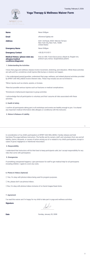 Client Yoga and Wellness Waiver Form PDF Template