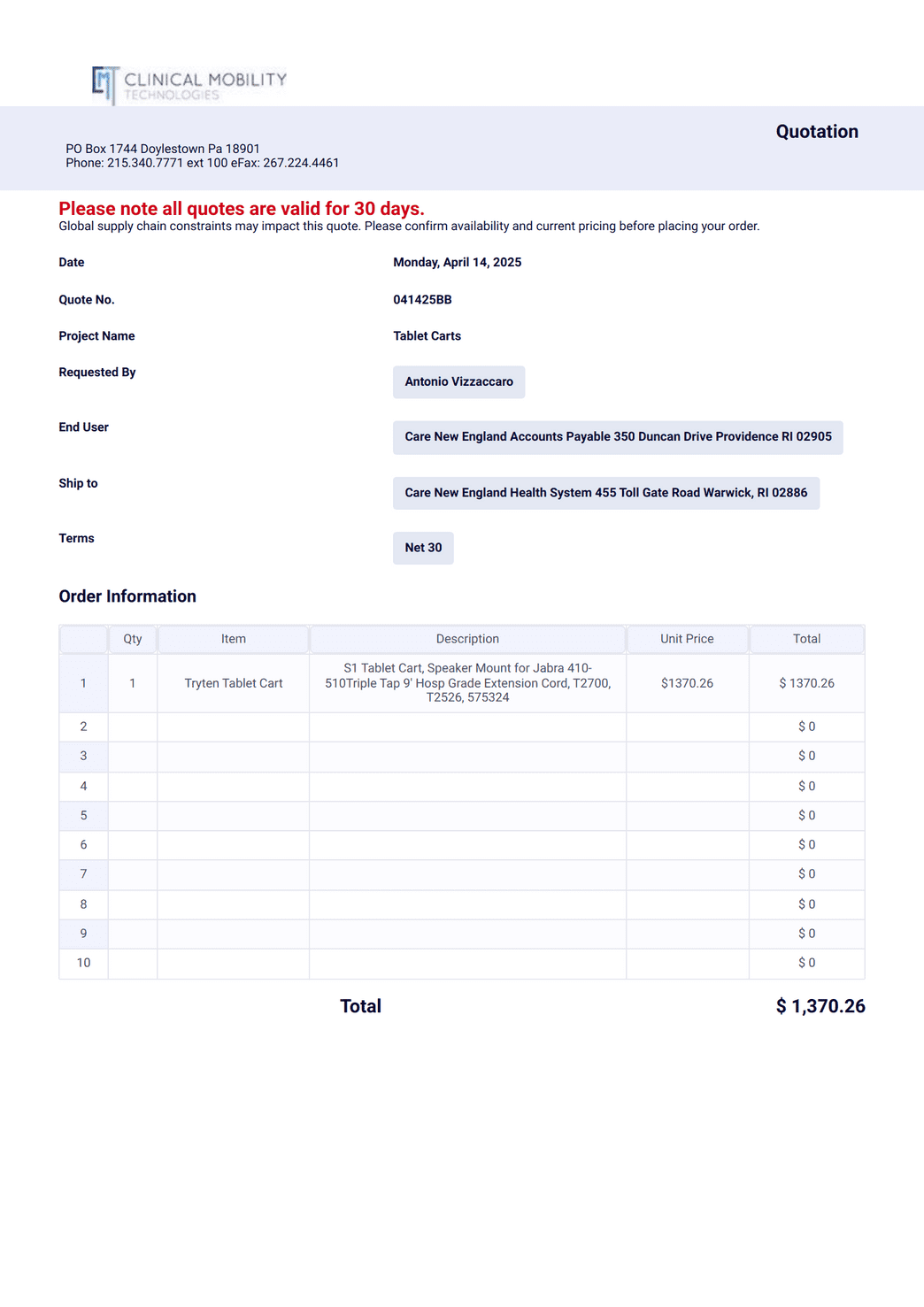 CMT Quote PDF Template | Jotform
