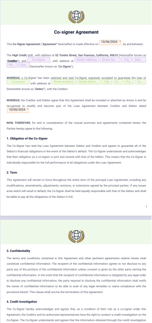 Co-signer Agreement PDF Template