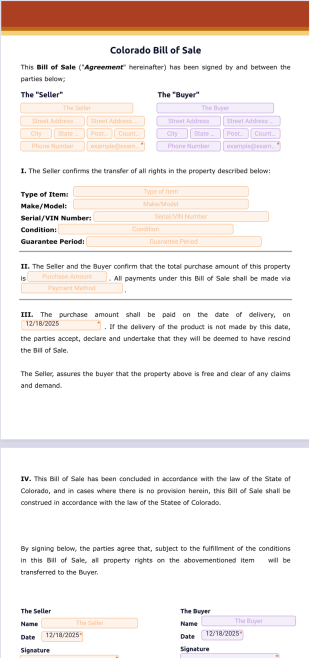 Colorado Bill of Sale PDF Template