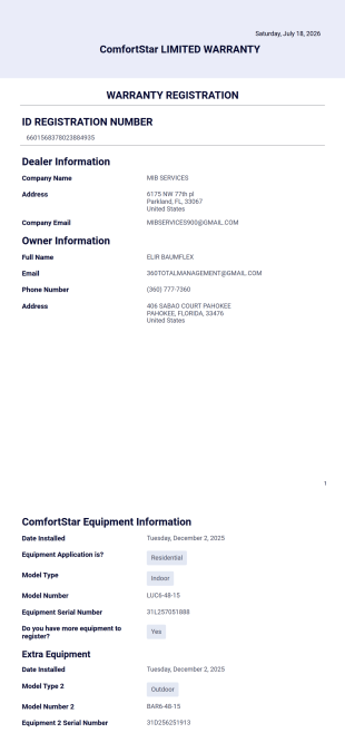 ComfortStar Warranty Certificate PDF Template