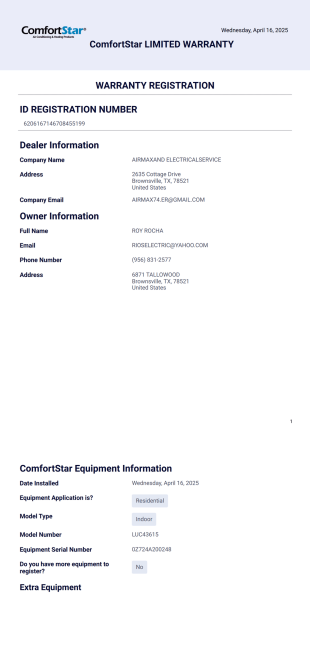 ComfortStar Warranty Certificate PDF Template