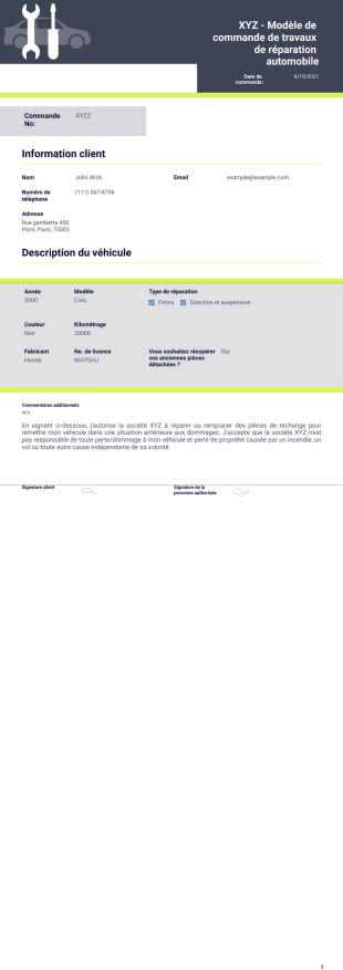 Commande de travail de réparation automobile Modèle PDF