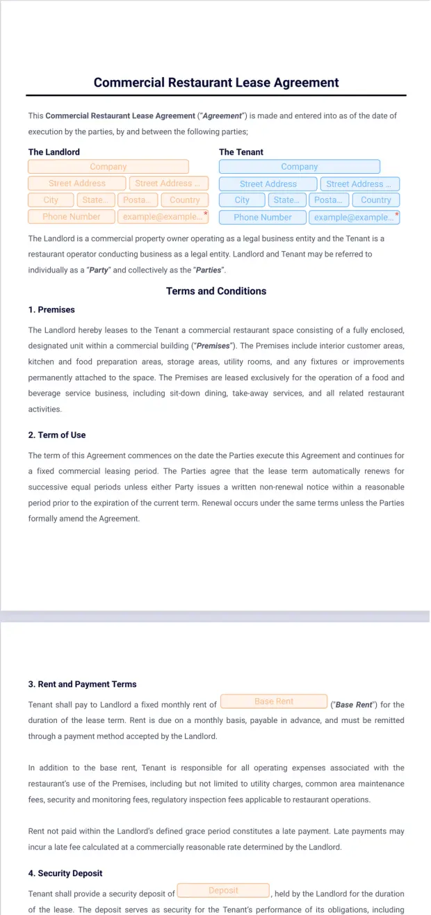 Commercial Restaurant Lease Agreement Template