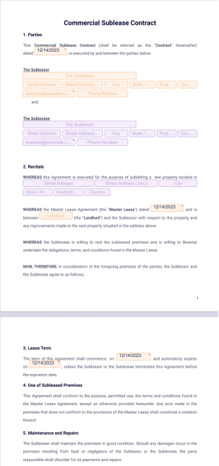 Commercial Sublease Contract PDF Template