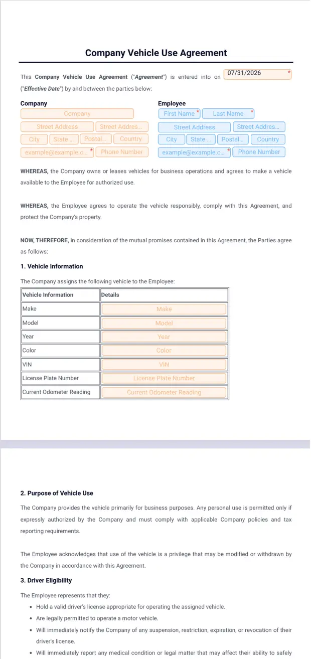 Company Vehicle Use Agreement Template