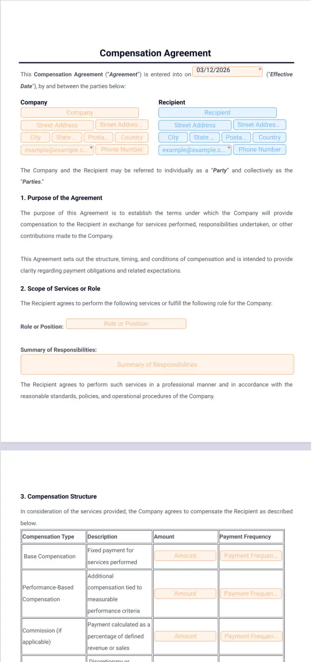 Compensation Agreement Template - PDF Templates | Jotform