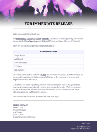 Concert Press Release Template - PDF Templates