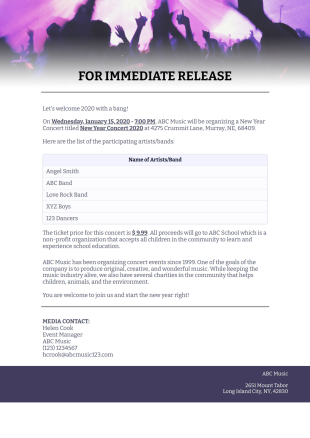 Concert Press Release Template - PDF Templates
