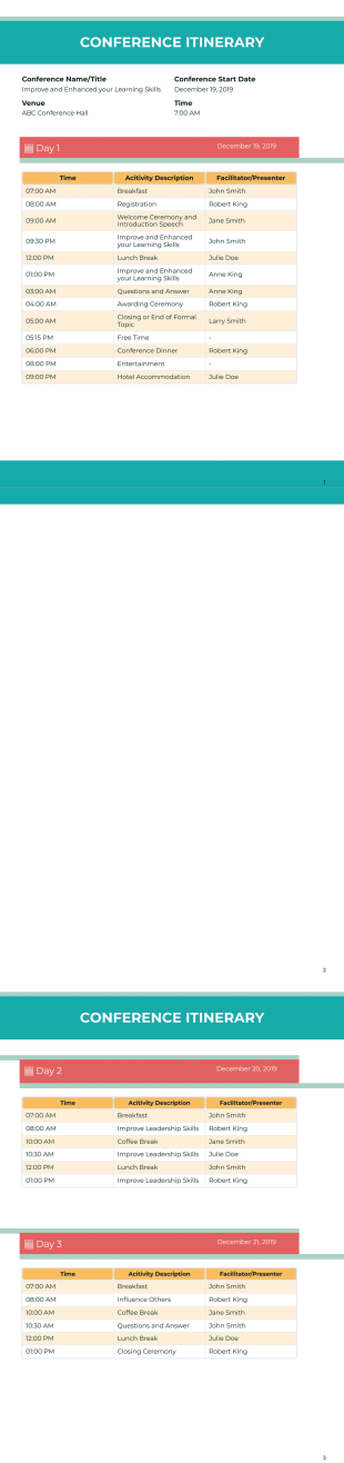 Conference Itinerary Template - PDF Templates