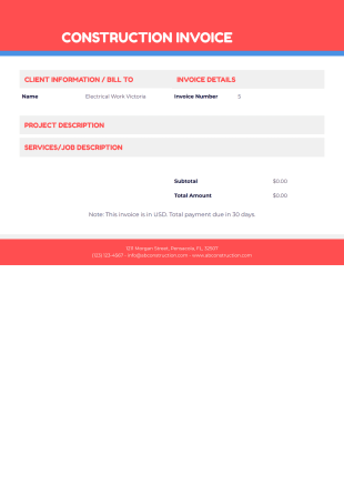 Construction Invoice Template - PDF Templates