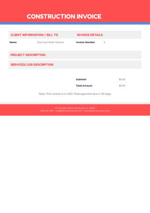 Construction Invoice Template - PDF Templates