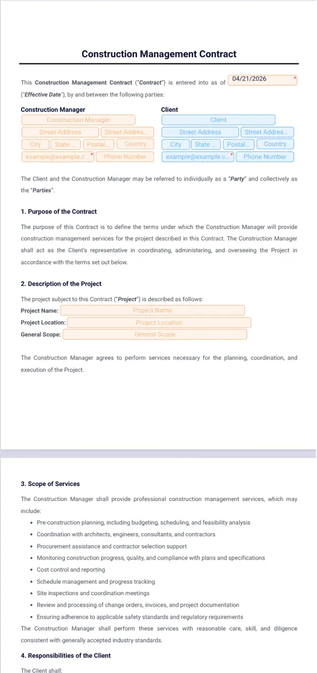 Contractor Management Document Example Construction Management Contract Template - PDF Templates | Jotform