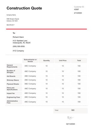 Construction Quote Template - PDF Templates